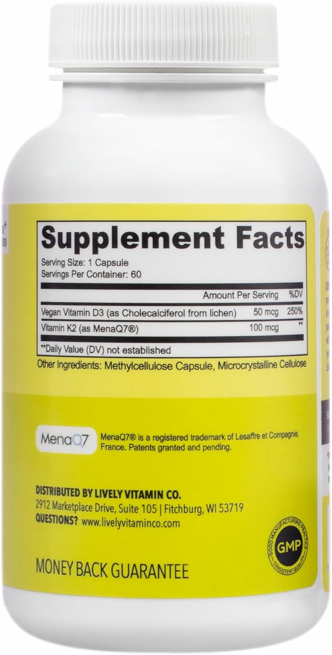 LIVELY VITAMIN CO. Solar Power Vitamin D3 2000 iu - Patented Vitamin K - MK7 - Immune Balance - Brain Function - Mood - Heart - Stress - 60 Count