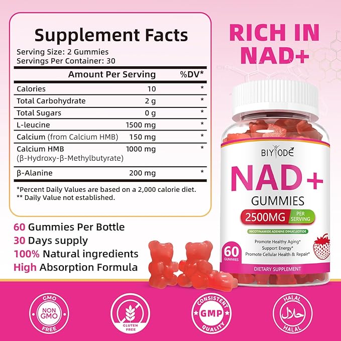 NAD+ Gummies NAD Supplements for Women: NAD Plus Supplement Liposomal Nicotinamide Riboside Resveratrol 900mg for Supports Cellular Health & Energy and DNA Repair Sugar Free Strawberry 60 Count