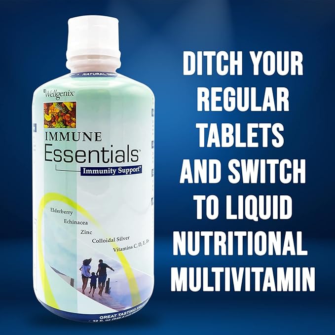 Wellgenix Immune Essentials – 12 in 1 Natural Immune System Support Supplement - Liquid Nutritional Multivitamin - Boosts Immune System and Overall Health For Kids & Adults - Fruit Punch Flavor 32 oz
