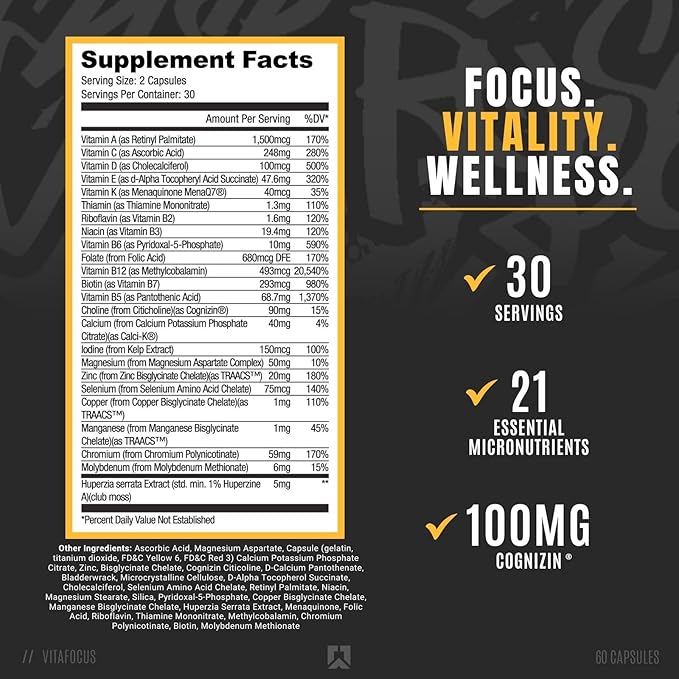 RYSE VitaFocus Brain & Body Supplement - Multivitamin & Nootropic - 13 Essential Vitamins, 8 Essential Minerals, and Cognizin for Cognitive Function, Focus, and Brain Support - 60 Capsules