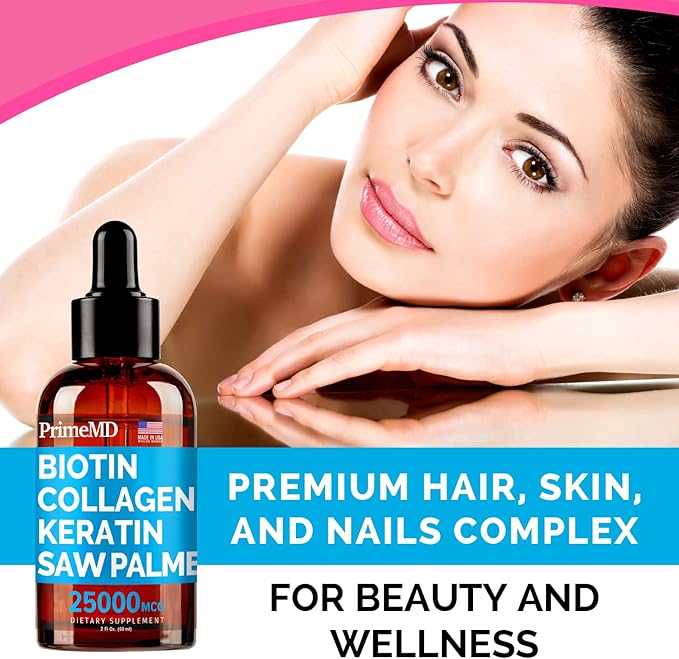 4-in-1 Liquid Biotin Collagen Keratin Saw Palmetto Drops (2 fl oz - 2 Pack) & 6-in-1 Maca Root Ashwagandha w Black Pepper Fruit (120ct) Bundle - Hair, Skin, Nails, Energy & Mood Support Supplement