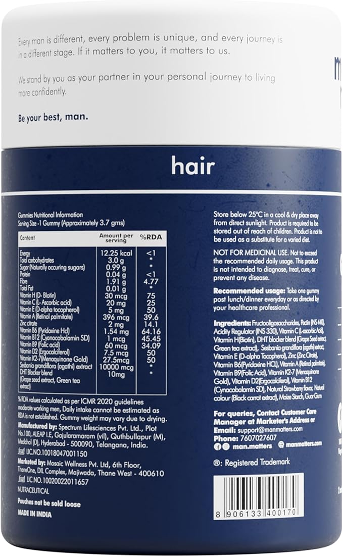 Biotin Hair Gummy for Healthy Hair | No Sugar Added | Biotin Gummies with Hair Vitamins | Vitamin A, Vitamin C, Vitamin E & Zinc | 60 Gummies