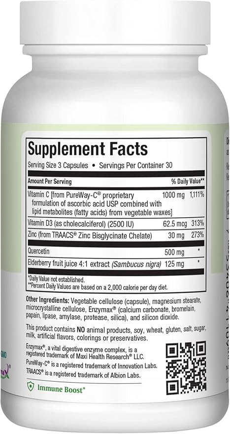 Maxi Health Quercetin 500mg with Zinc 30mg, Vitamin C 1000mg, Vitamin D 2500 IU, Elderberry 125mg - Vegetarian Health Supplement for Adults Kosher Certified - 90 Veggie Capsules