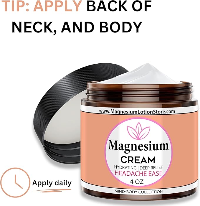 Magnesium Cream for Headache, Migraines, Muscle Soreness, Cramps Relief with Shea Butter, Coconut Oil, Aloe, Vitamin E - Magnesium Cream for Calm & Relaxation - Peperminty Scent - 4fl oz - USA Made