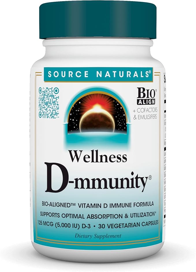 Source Naturals Wellness D-mmunity, Bio-Aligned Vitamin D Immune Formula, Supports Optimal Absorbtion and Utilization*, 125 mcg (5,000 IU) D-3-30 Vegetarian Capsules