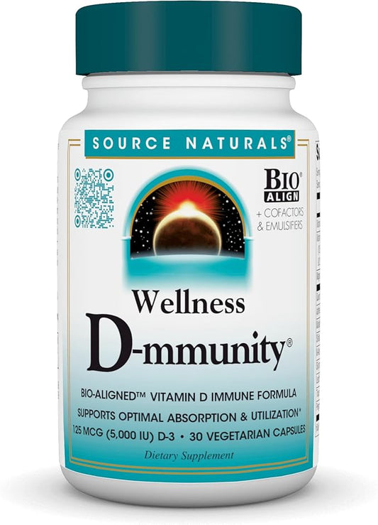 Source Naturals Wellness D-mmunity, Bio-Aligned Vitamin D Immune Formula, Supports Optimal Absorbtion and Utilization*, 125 mcg (5,000 IU) D-3-30 Vegetarian Capsules