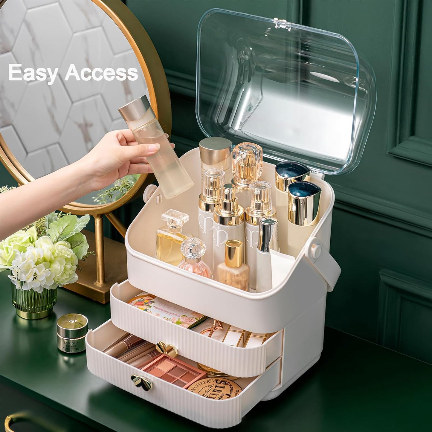 Makeup Organizer | 3-Tier Cosmetic Storage Box with Dust Cover & Drawers | Ivory