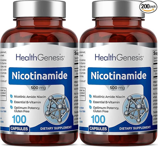 B-3 Nicotinamide 500 mg 100 Caps 2 Pack - Nicotinic Amide Niacin Natural Flush-Free Vitamin Formula - Supports Skin Cell Health