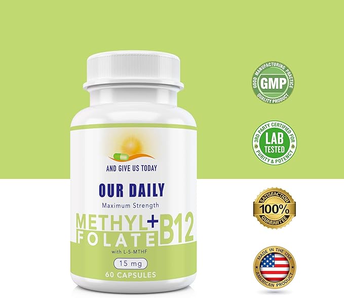 L-Methylfolate 15 mg + B 12 (1000 mcg) - 60 Capsules - Methylated & Glycine - Boost Mood, Energy & Memory - Immune Support & Vitamin Supplement for Men & Women - Non-GMO, Vegetarian Capsules