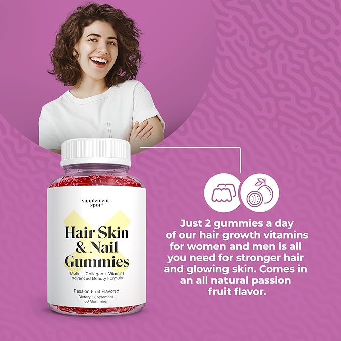 Hair Skin and Nails Vitamins, 6000 mcg Biotin Gummies w/Collagen, Passion Fruit Flavored Hair Vitamins, Gluten Free Collagen Supplements (60 Count)
