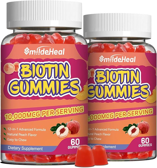 2 Pack Biotin Gummies for Hair Growth 10000 mcg, Hair Skin and Nails Gummies with Folic Acid, Vitamins A, B, C, E & D, Vegan biotin Vitamins for Women & Men, 120 Gummies