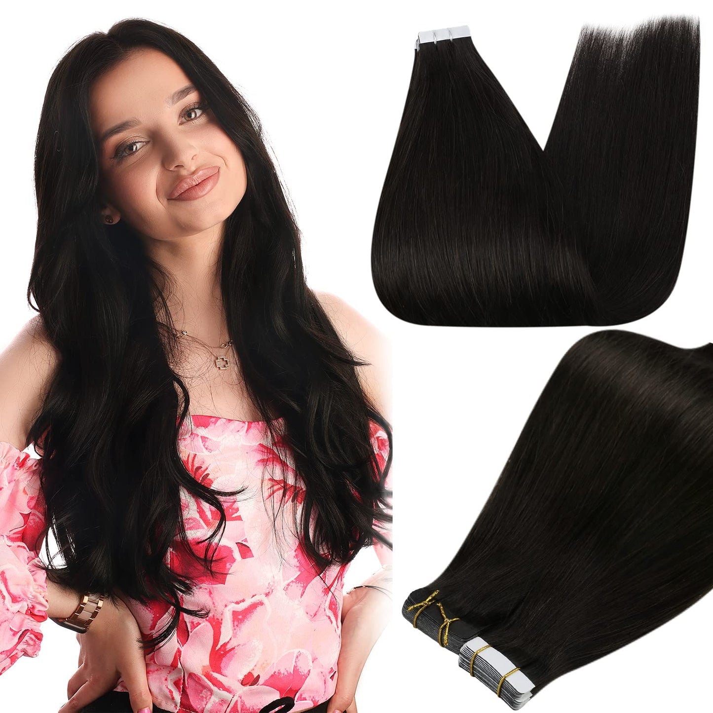 Full Shine Tape In Hair Extensions Remy Human Hair 16 Inch Seamless Pu Tape In Extensions Off Black Color 1B Real Hair Extension