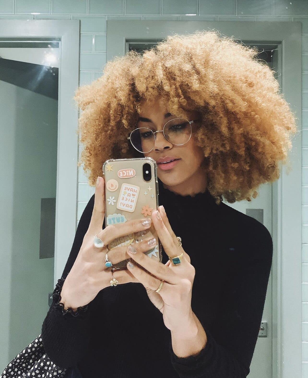 Runm Short Curly Afro Wig With Bangs For Black Women Kinky Curly Hair Wig Afro Synthetic Full Wigs(Ombre Blonde)