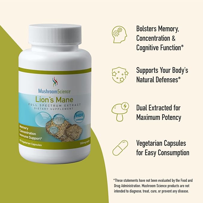 Lions Mane Mushroom Capsules, Memory & Concentration Support, Full Spectrum Extract, Mushroom Supplement for Adults, Hot Water Extracted Mushrooms, Vegetarian, 300MG, 90 ct