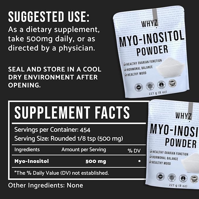 Myo-Inositol Powder 8oz, Natural Myo Inositol Supplement for Ovarian Support, Fertility and Hormonal Balance, Pure Inositol Powder, Myo-Inositol Supplement for Energy, Brain Health, 454 Servings