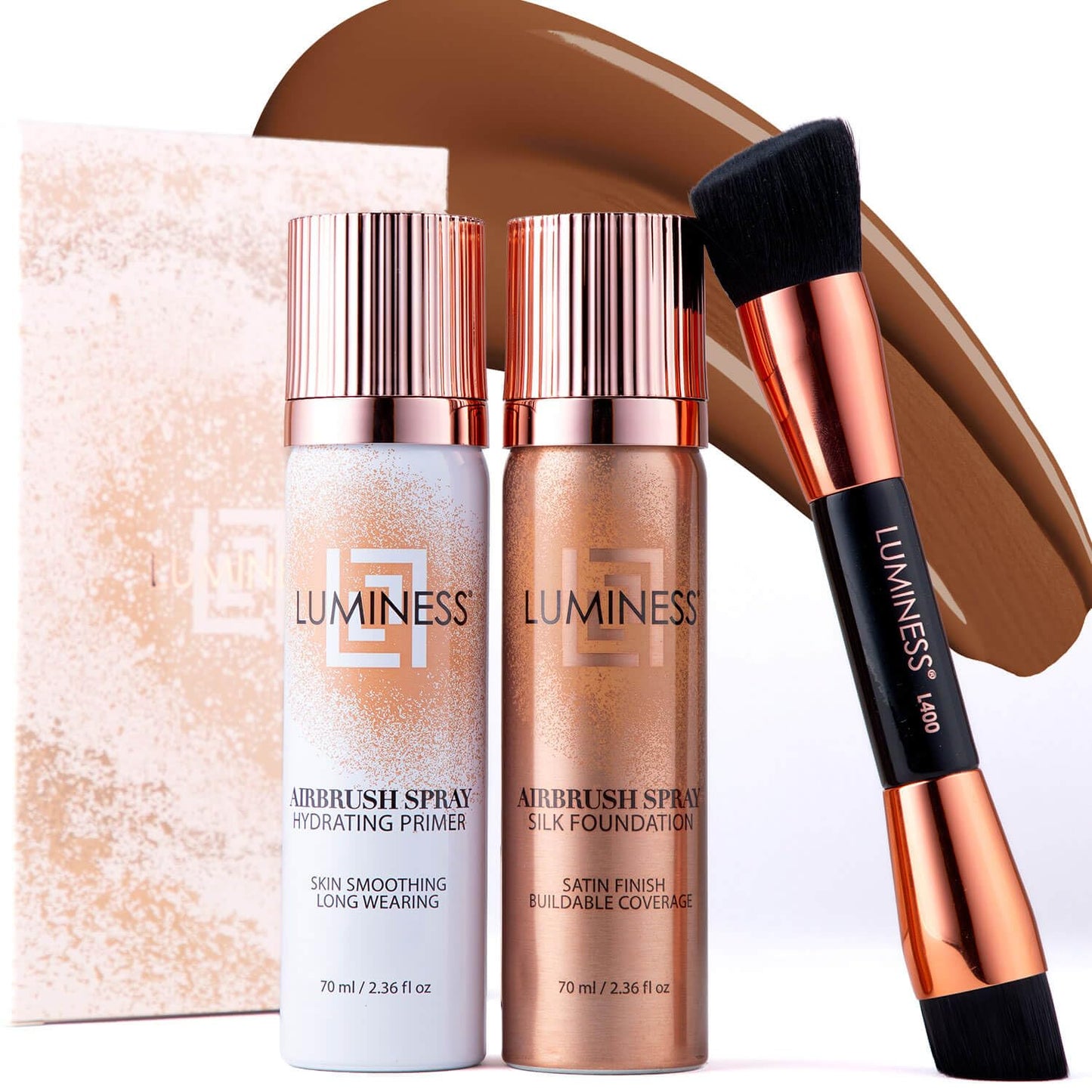 LUMINESS Airbrush Spray Silk Foundation Starter Kit - Deep - Foundation, Primer & Dual-Sided Angled Buffing Brush - Medium, Buildable Coverage, Anti-Aging Formula Hydrates & Moisturizes