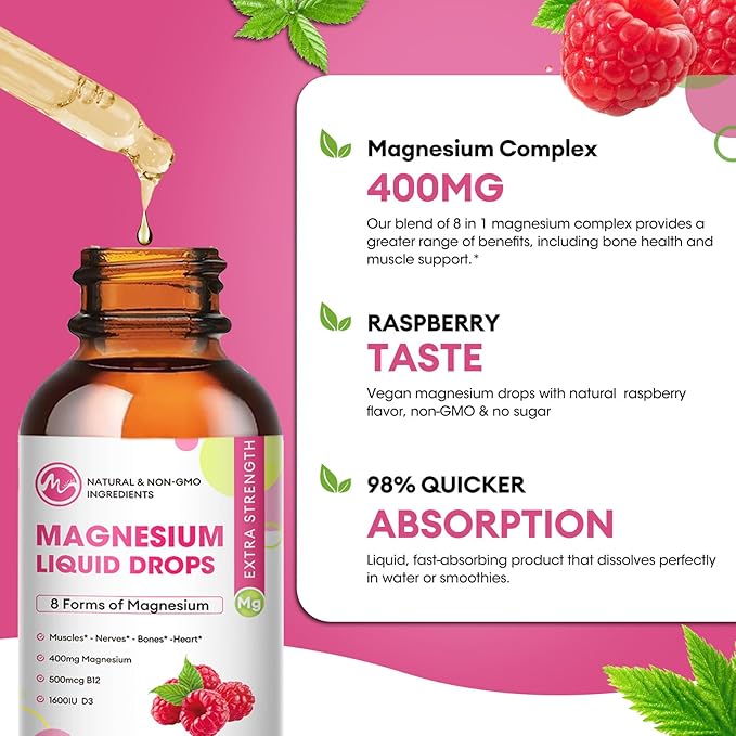 (3 Pack) Magnesium Liquid - 8 in 1 Magnesium Complex Drops with Magnesium Glycinate,Citrate,Malate,Taurate,Magnesium Complex Supplement for Brain,Night,Muscle,Bone,Cramps, Raspberry Flavor