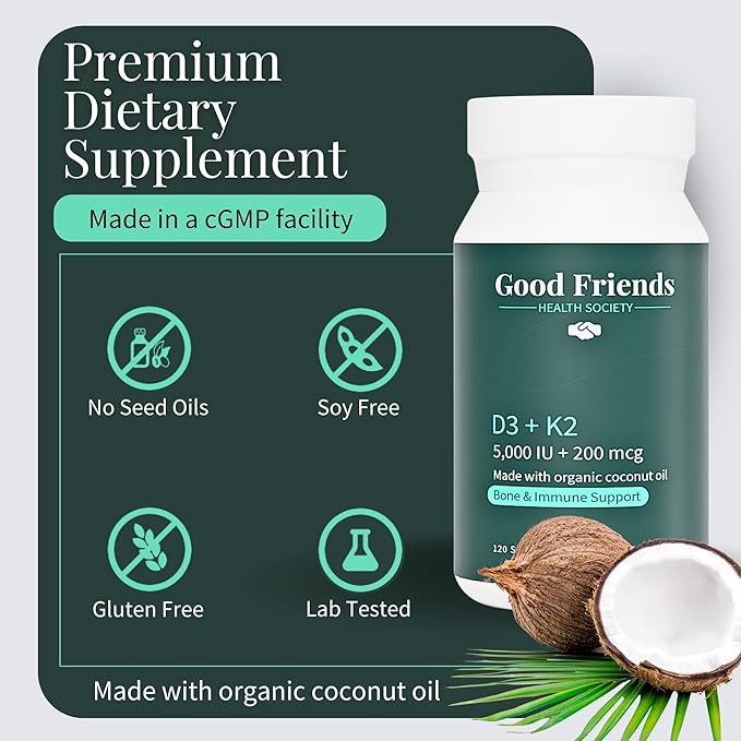 Vitamin D3 5000 IU + Vitamin K2 200 mcg - 4 Month Supply - High Potency Bone & Immune Support - Organic Coconut Oil, No Seed Oils, Non-GMO, 120 Vegetable Softgels
