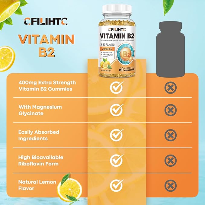 Vitamin B2 Gummies Riboflavin 400mg Supplement for Kids & Adults - Magnesium Glycinate, Zinc, CoQ10, Vitamin B12 - Migraine Relief & Energy, Nervous System Support, Sugar Free Lemon Flavor, 60ct