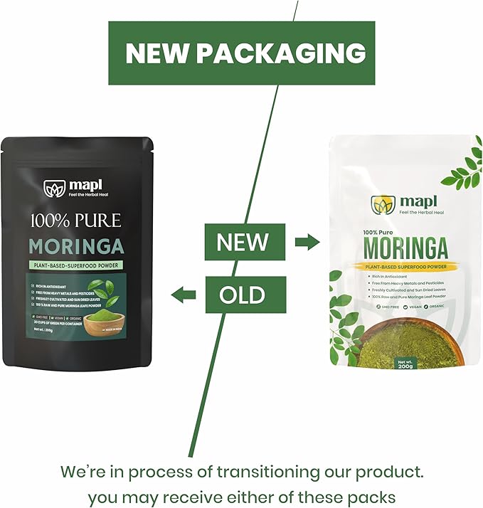 MAPL Pure Moringa Oleifera Powder | 100% Natural Ayurvedic Plant Based Dried Drumstick Tree Leaves | Raw & Natural, Rich in Nutrients, Blended for Skin & Hair Unrefined Ingredients | 200 Gram (7 Oz)
