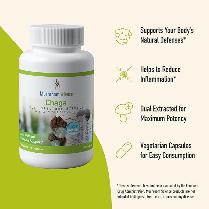 Chaga Mushroom Capsules, Full Spectrum Extract, Natural Antioxidant Mushroom Supplement for Adults, Health Support, Hot Water Extracted Mushrooms, Vegetarian, 300MG, 90 CT