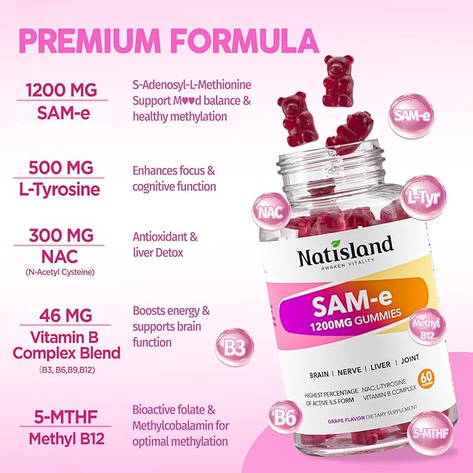SAM-e with L-Tyrosine Gummies, Methylated Vitamin B-Complex & NAC, 1200mg SAM e Supplement, Methyl Folate and B12, for Stress Relief & Brain Support, Liver & Joint Health, Gluten-Free, Vegan, 60 Ct