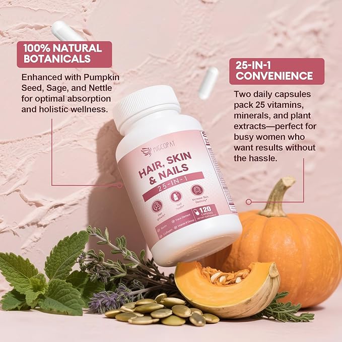 Hair, Skin & Nails Supplement - 25-in-1 Formula with Biotin 10,000mcg, Collagen, Vitamin B, C, D3, E, Folate, Iron - Supports Hair Growth, Skin Health, Nail Strength for Women - 120 Capsules