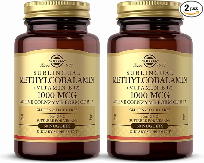 Solgar Methylcobalamin (Vitamin B12) 1000 mcg - 60 Nuggets, Pack of 2 - Supports Energy Metabolism - Non-GMO, Vegan, Gluten Free, Dairy Free, Kosher - 120 Total Servings