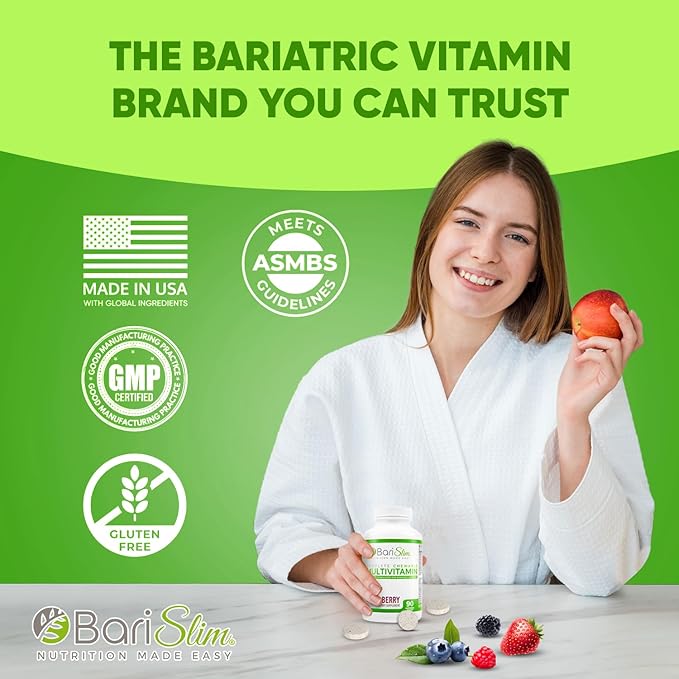 BariSlim Chewable Bariatric Multivitamin Tablets - Specially Formulated Chewable Tablets for Patients After Weight Loss Surgery - Easy to Digest & Great Tasting Fruit Flavors | Pack of 2