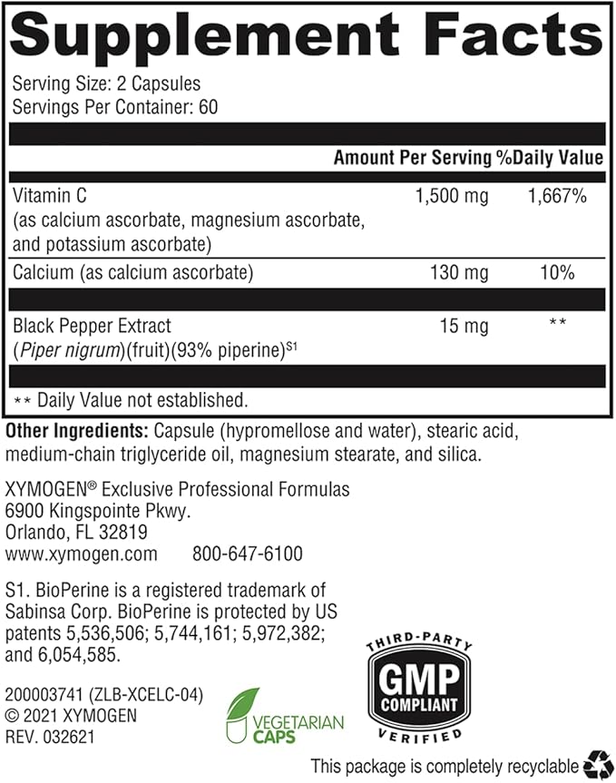 XYMOGEN Xcellent C - High Dose Vitamin C Supplement with BioPerine for Enhanced Absorption - Buffered to Minimize GI Upset - Immune Support + Antioxidants Supplement (120 Pills)