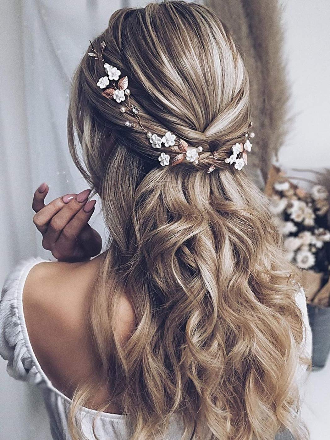 JAKAWIN Bride Flower Wedding Hair Vine Leaf Hair Piece Pearl Bridal Headpiece Rhinestone Hair Accessories for Women and Girls HV