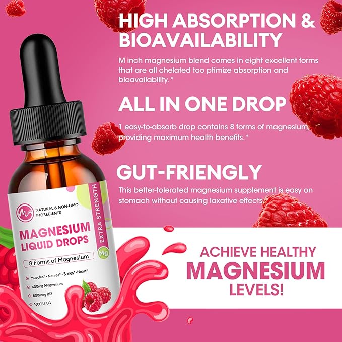 (3 Pack) Magnesium Liquid - 8 in 1 Magnesium Complex Drops with Magnesium Glycinate,Citrate,Malate,Taurate,Magnesium Complex Supplement for Brain,Night,Muscle,Bone,Cramps, Raspberry Flavor