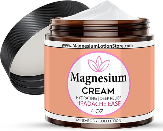 Magnesium Cream for Headache, Migraines, Muscle Soreness, Cramps Relief with Shea Butter, Coconut Oil, Aloe, Vitamin E - Magnesium Cream for Calm & Relaxation - Peperminty Scent - 4fl oz - USA Made
