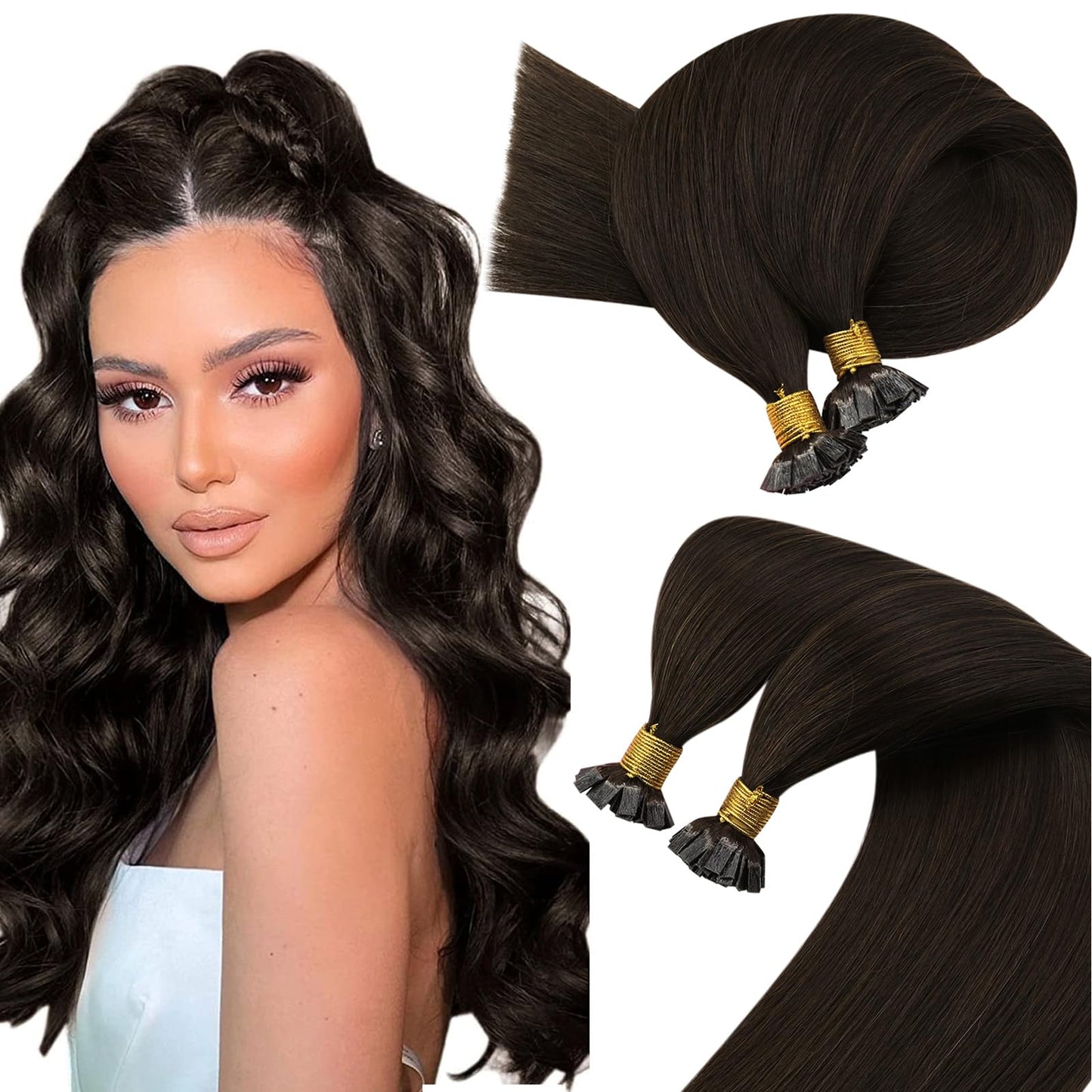 Sunny Hair Flat Tip Hair Extensions Darkest Brown Pre Bonded Tips Remy Human Hair Extensions Hot Fusion Flat Tip Extensions Brow
