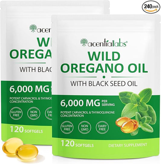 Oil of Oregano Softgels 6000mg, 2 in 1 Formulated with Black Seed Oil 200mg, Immune Support, Organic Oregano Oil Capsules, Natural Defense Supplement, Non-GMO, Easy to Swallow, 240 Softgels