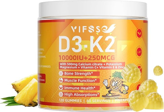 Vitamin D3 K2 Sugar-Free 120 Gummies, Vitamin D3 10,000IU with K2 (MK-7) 200mcg, 600mg Calcium +Magnesium Citrate, Multivitamin Adults Vitamin C+A, Support Bone Muscle Teeth Immune, Energy