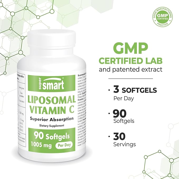 Supersmart Liposomal Vitamin C 1005mg per Day (High Absorbption) - Patented Vitamin C Supplement - Collagen Production | Non-GMO & Gluten Free - 90 Softgels