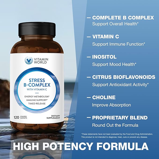 Vitamin World Stress Vitamin B Complex with Vitamin C, Timed Release High-Potency Vitamin B6, B12, Niacin, Folate & Biotin for Stress, Energy, Metabolism & Immune Support, Non-GMO, 120 Caplets