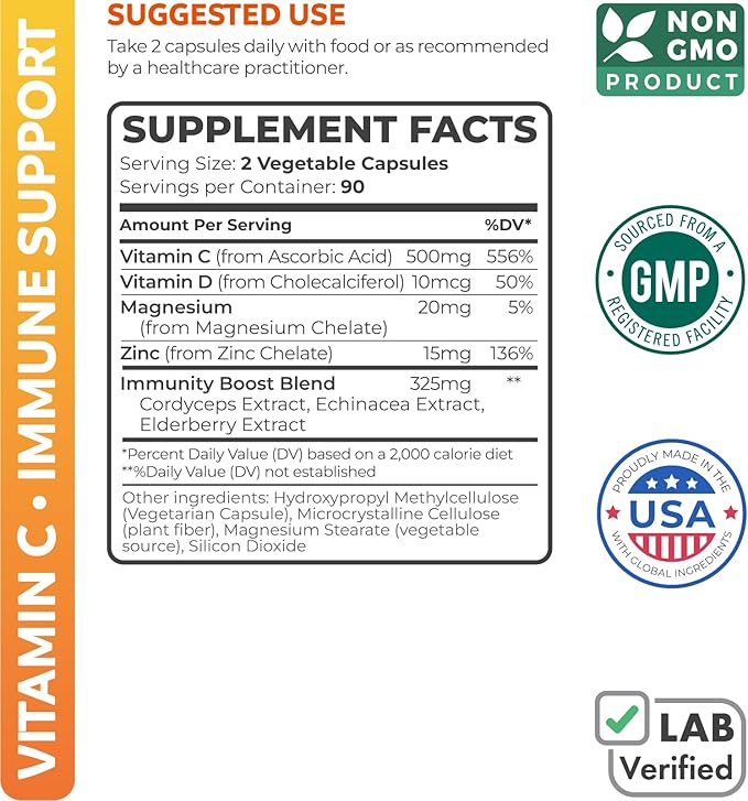 Vitamin C Immune Support Supplement - Immunity Boost Blend with Elderberry Vitamin C and Zinc for Daily & Seasonal Support - Immunity Supplement with Magnesium Zinc Vitamin D (3 Months Supply)