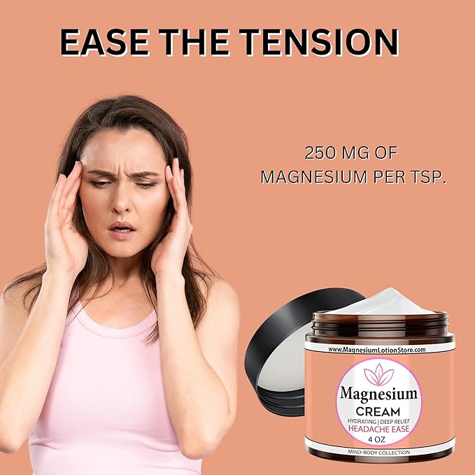Magnesium Cream for Headache, Migraines, Muscle Soreness, Cramps Relief with Shea Butter, Coconut Oil, Aloe, Vitamin E - Magnesium Cream for Calm & Relaxation - Peperminty Scent - 4fl oz - USA Made