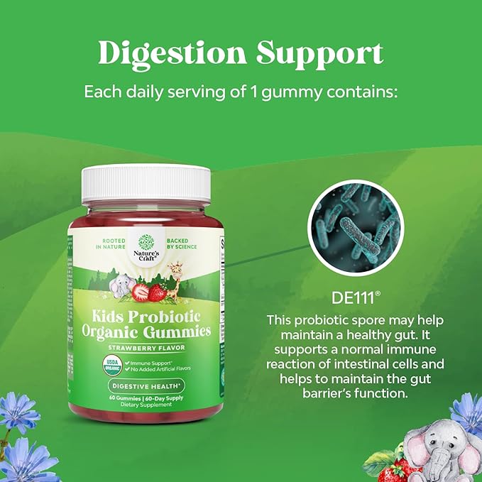 USDA Organic Kids Probiotic Gummies - Gut Bacteria Probiotics for Digestive Health & Stomach Relief - Gentle 2.5B CFU Kids Immune Support & Gut Heath Supplement - Vegan & Non-GMO Chews - 60 Count