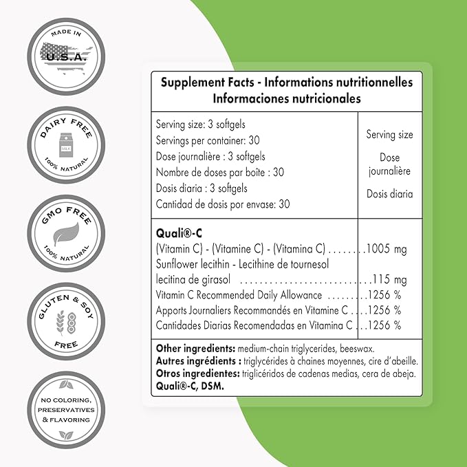 Supersmart Liposomal Vitamin C 1005mg per Day (High Absorbption) - Patented Vitamin C Supplement - Collagen Production | Non-GMO & Gluten Free - 90 Softgels