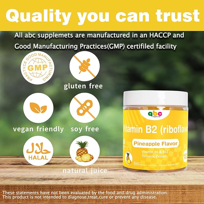 Vitamin B2 Gummies Riboflavin 400mg for Wen & Kids b2 Vitamins Chewable Gummies for Adults Supplement with B Complex Nervous System Support,Vegan,Sugar-Free,Pineapple Flavor, 60 Count