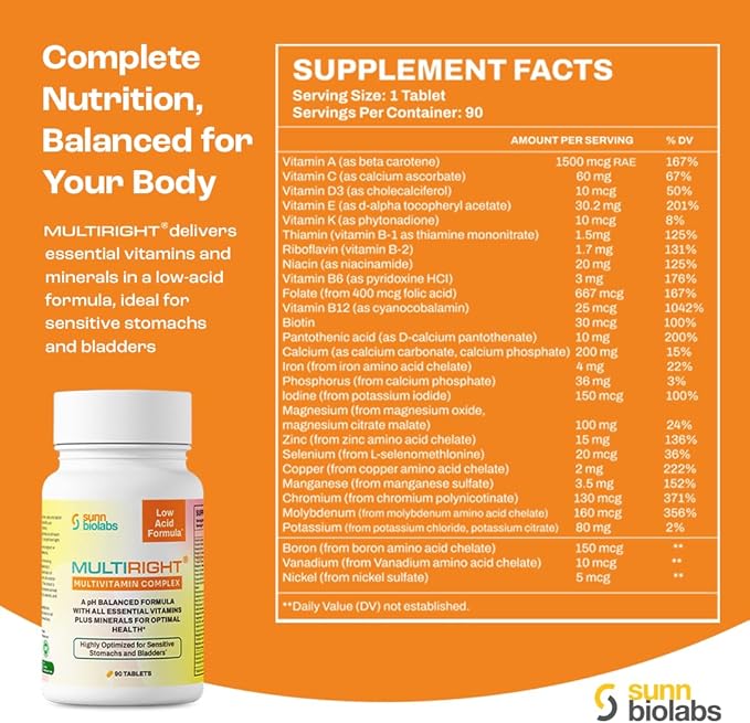 MULTIRIGHT | LOW ACID MULTIVITAMIN for Sensitive Stomachs, Bladders or IC | 14 Vitamins & 14 Minerals | Bladder-Friendly, pH Balanced | Easy on Digestion-Less Acidic | Buffered Vitamin C | 270 Tab (3)