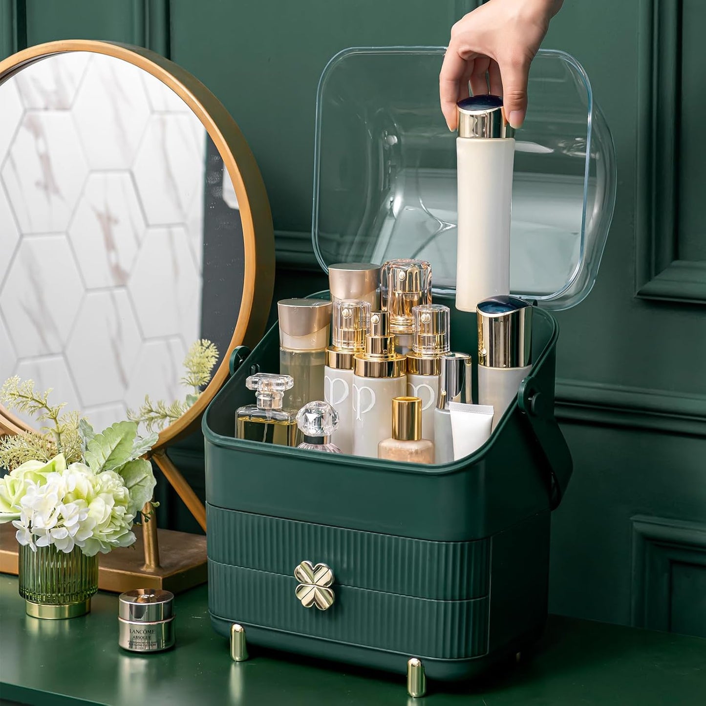 Makeup Organizer | 3-Tier Cosmetic Storage Box with Dust Cover & Drawers | Ivory