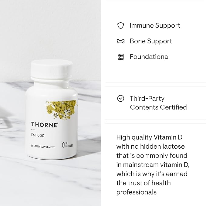 THORNE Vitamin D3 Supplement - Supports Healthy Bones, Teeth Muscles, Cardiovascular & Immune Function* - Gluten, Dairy & Soy-Free - 1,000 IU - 90 Capsules