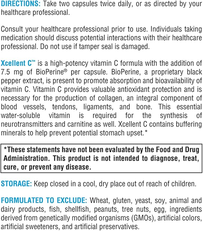 XYMOGEN Xcellent C - High Dose Vitamin C Supplement with BioPerine for Enhanced Absorption - Buffered to Minimize GI Upset - Immune Support + Antioxidants Supplement (120 Pills)