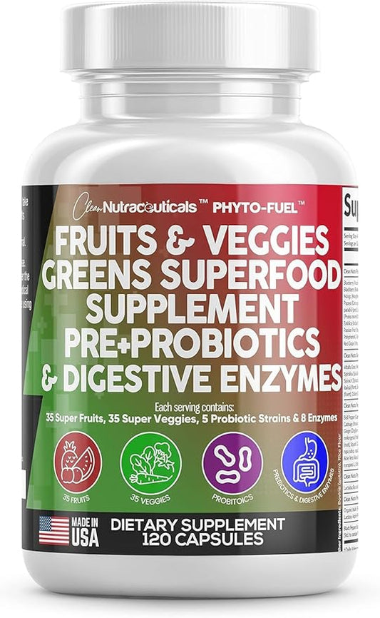 Clean Nutraceuticals Fruits and Veggies Supplement Reds & Green Superfood - Balance of Over 70 Fruit & Vegetable Supplements Capsules with Probiotics Prebiotics Digestive Enzymes - 3Pack