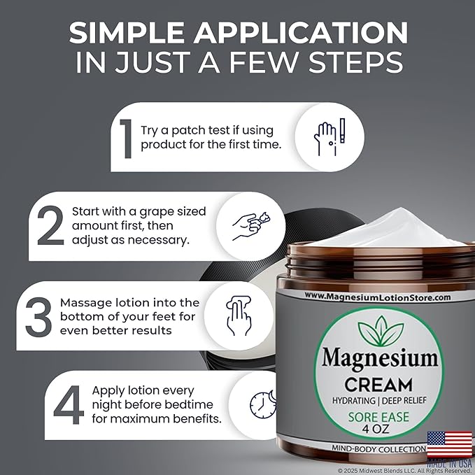 Magnesium Cream with Sore Ease Essential Oil Scent – Hydrating & Comforting Aroma, 4 oz USA Made
