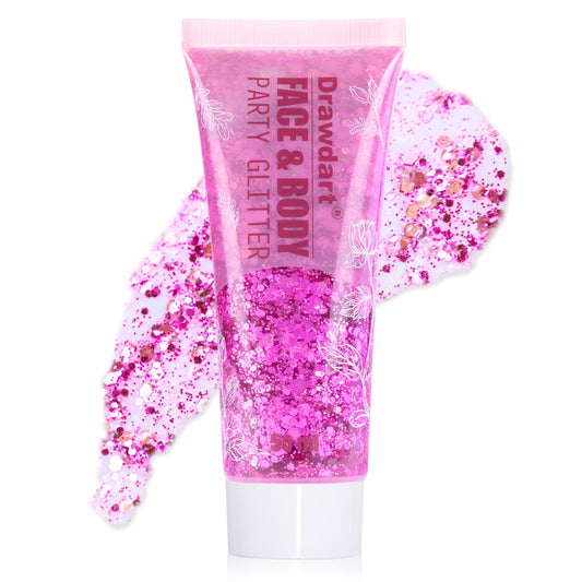 Drawdart Pink Body Glitter Gel,Singer Concerts Lover Heart Face Glitter Gel,Face Body Chunky Glitter Makeup for Festivals,Raves,Anime Cosplay - Safe for Face 50ml